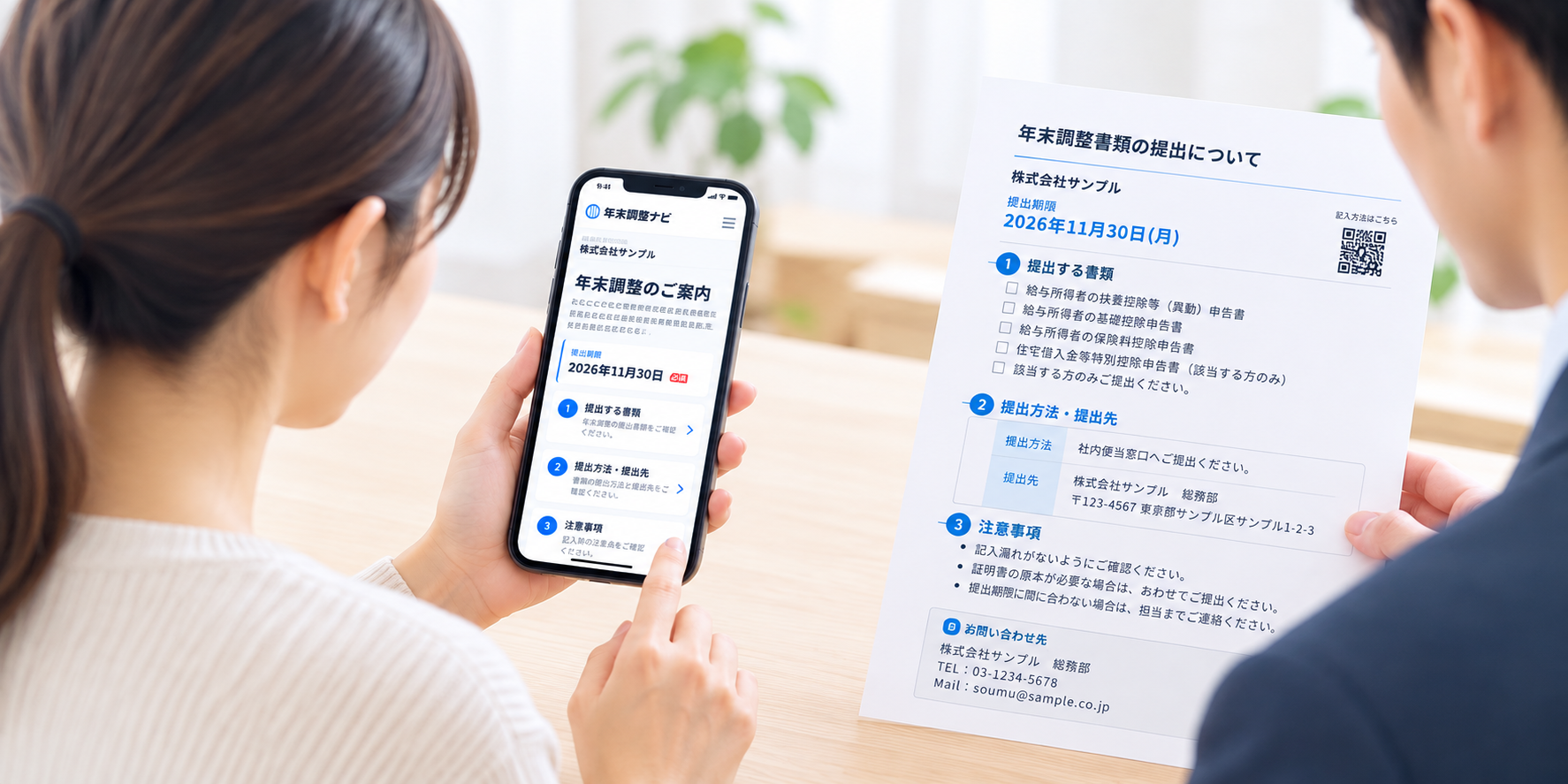 従業員がスマートフォンの年末調整案内と配布用PDFを確認している様子
