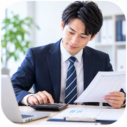 電卓で給与所得を計算する会社員